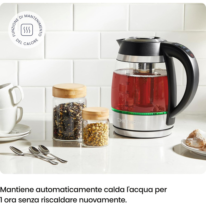 Електричний чайник Chefman 1.8L з нержавіючої сталі, автоматичне вимкнення, захист від перегріву, скло Borosilikat, функція підігріву