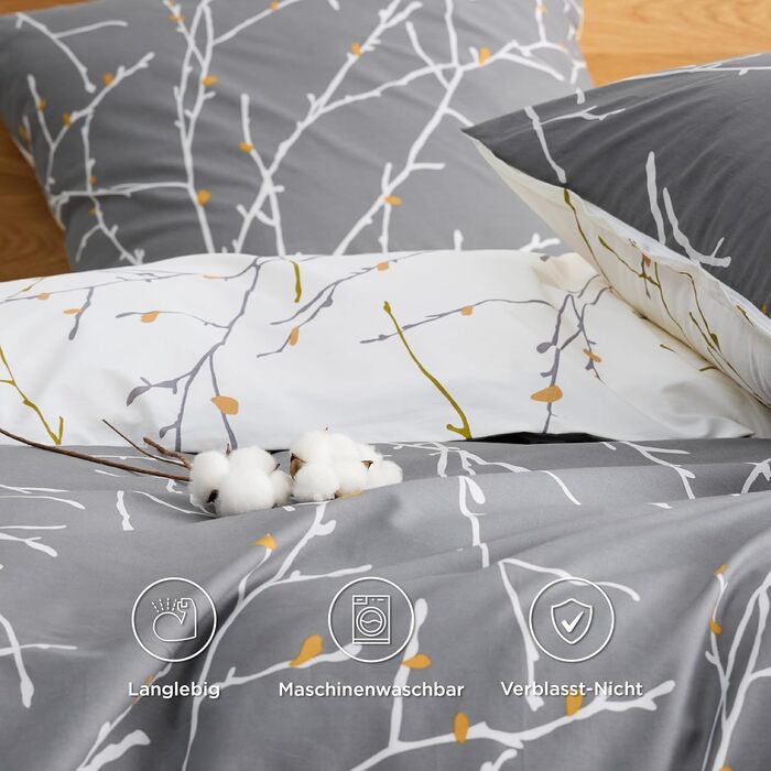 BEDSURE Комплект постільної білизни 135x200, бавовна, 4-х частинний, сірий/бежевий/помаранчевий. Комплект постільної білизни з ковдрою та двома наволочками 80x80 см, з принтом гілок, на блискавці, ÖKO-TEX, комплект постільної білизни
