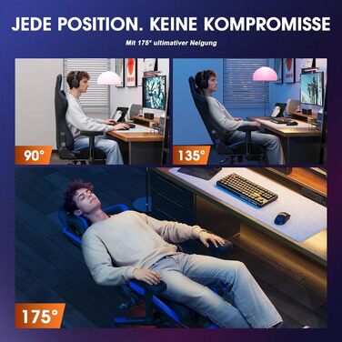 Ігровий крісло Douxlife з масажем та підігрівом, ергономічний офісний стілець з підніжкою, регулювання 90°-175°, підлокітники 2D, для геймерів, PC стілець, 181 кг, блакитний