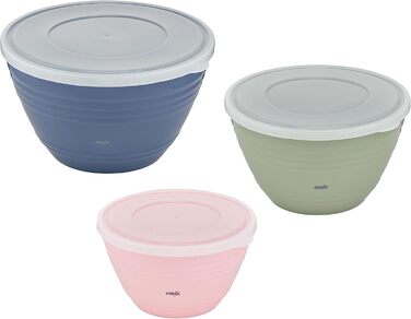 Emsa Prep&Bake 3-Piece Plastic Mixing Bowl Set, 1.7 + 2.75 + 4.15 L with Preserving Lid, Non-Slip Base, Perfect Stability While Mixing, Dishwasher Safe, Stackable Bowl Set K325S3