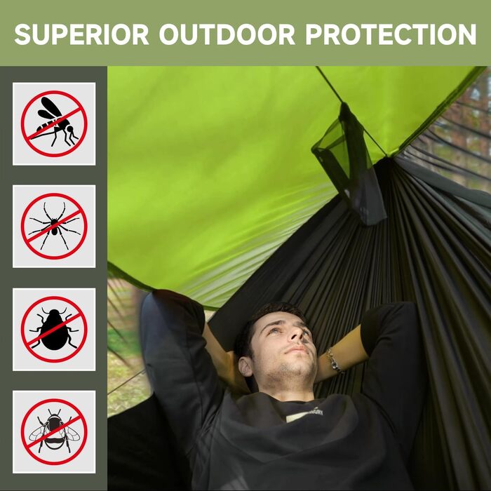 Гамак для кемпінгу з москітною сіткою та стропом, великий на 2 особи, 290 x 140 см, швидко розкладається, ультралегкий, армійний/зелений колір