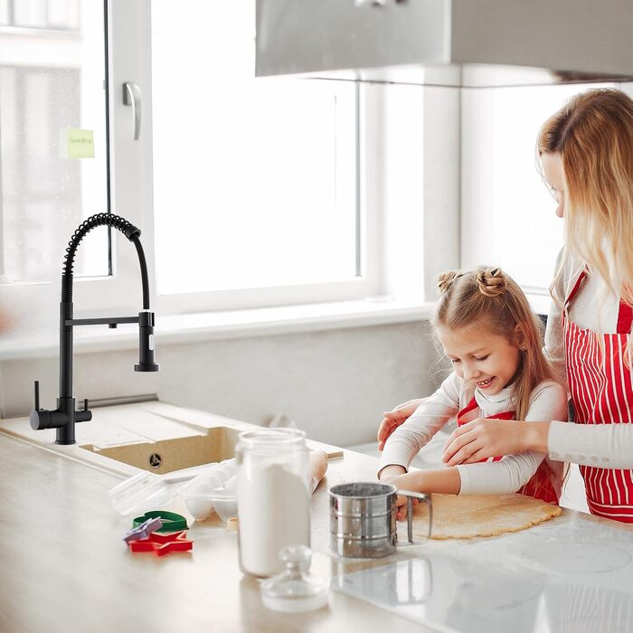 3-х стороння кухонна змішувач з поворотним гусаком 360°, 2 функції (з душем), 3 в 1, для фільтрів, з нержавіючої сталі та латуні, чорний