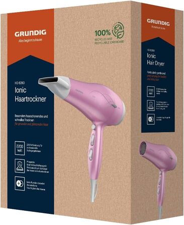 Фен GRUNDIG HD 6280: 2200 Вт, іонізація, керамічне покриття, олія лотоса, 3 режими, холодний струмінь, рожевий/срібний, 2023 модель