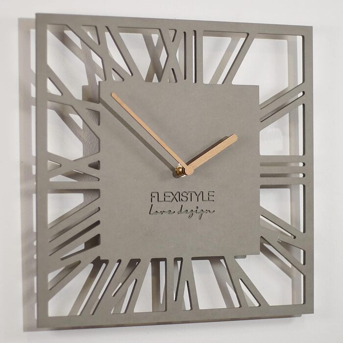 FLEXISTYLE Wall Clock No Ticking Sound Modern LOFT Piccolo Square 30cm Living Room Bathroom, z219n (Gray)