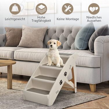 COSTWAY 4-Step Pet Stairs with Carpet, Dog Stairs Plastic Cat Stairs Foldable, Portable Dog Ramp Pet Stairs for Dogs and Cats, Pet Ramp for Climbing and Scratching (Beige)