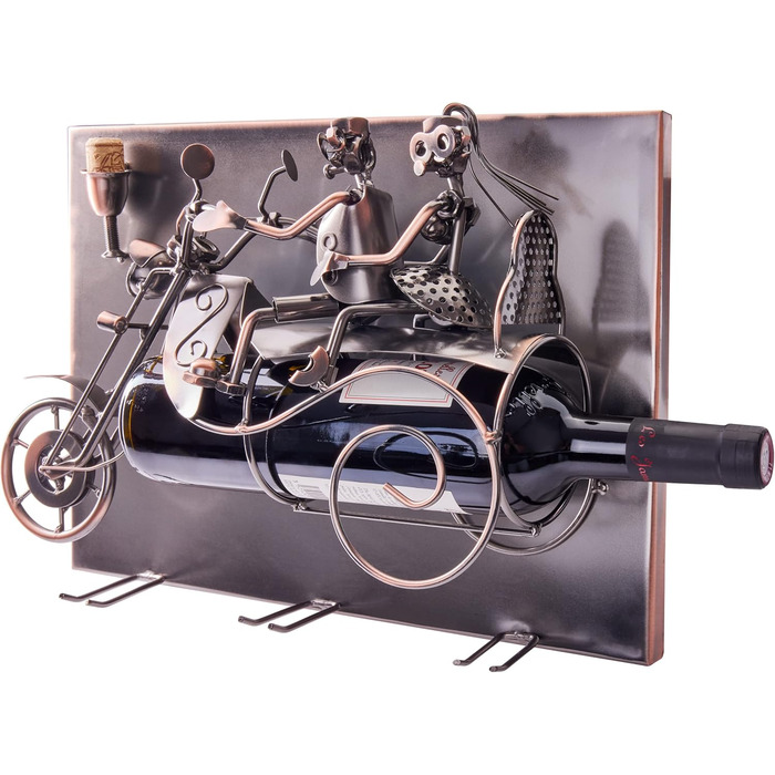 BRUBAKER Motorcycle Wine Bottle Holder Set - Wall Art Picture Metal - with 3 Glass Holders - including Greeting Card for Wine Gift