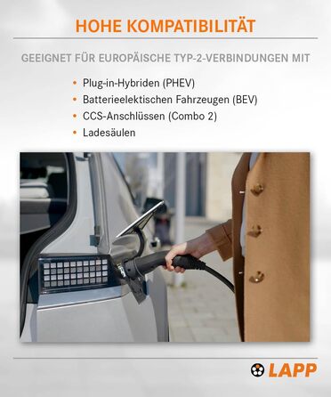 Кабель зарядки LAPP MOBILITY Typ 2, 22 кВт, 7м - для електромобілів, 32А, 3-фазний, IP55, з антикорозійними контактами - PHEV, BEV, EV