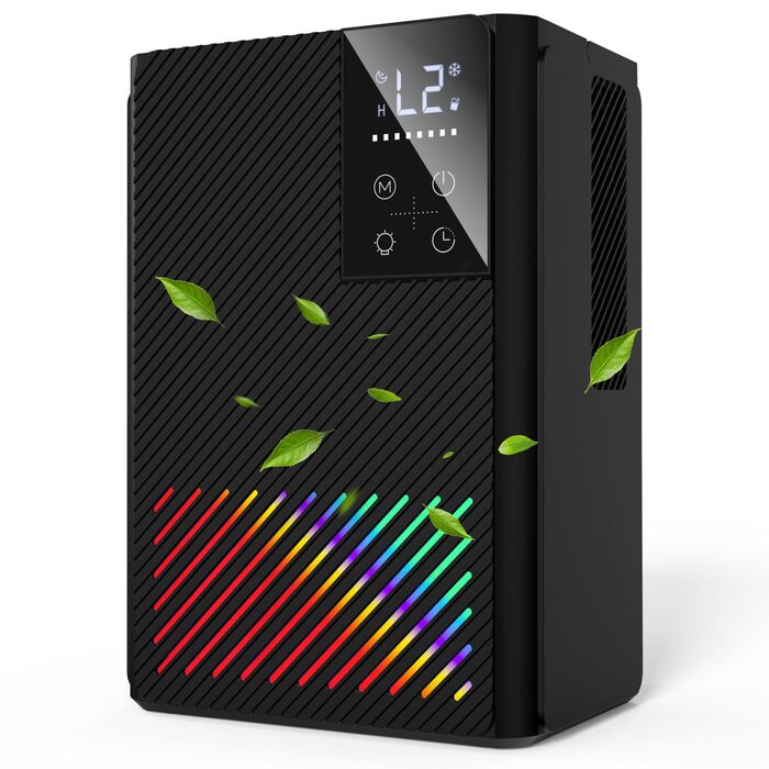 Електричний осушувач повітря, тихий, 2500 мл з LED дисплеєм, таймером та функцією відтавання, 7 кольорів підсвічування, для дому, спальні, ванної кімнати