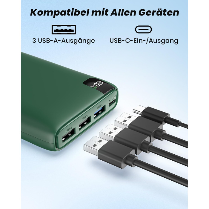 Power Bank Riapow 26800mAh: Швидка зарядка USB-C, 4 порти, LED-дисплей, для смартфонів та планшетів (зелений)