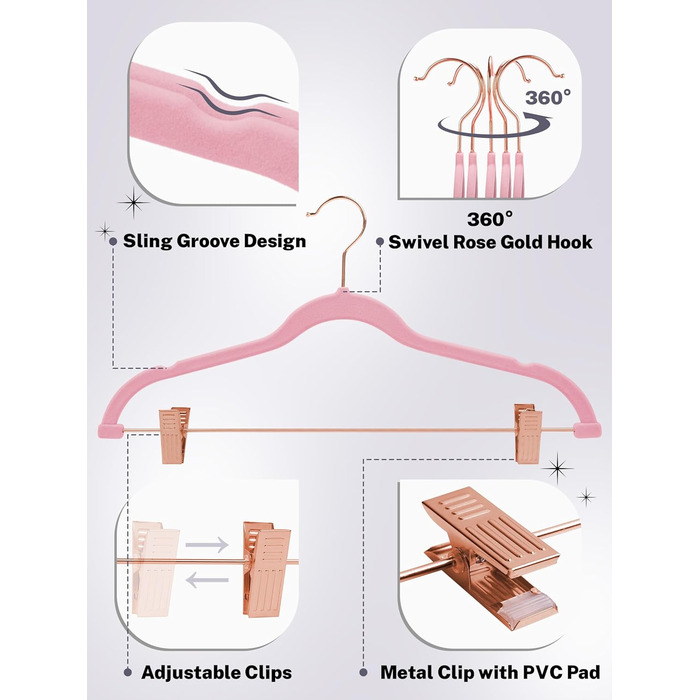 Вешалки для одягу HOUSE DAY, 20 шт., з кліпсами, ультратонкі, оксамитові, неслизькі, для штанів, економія місця (персиковий рожевий)
