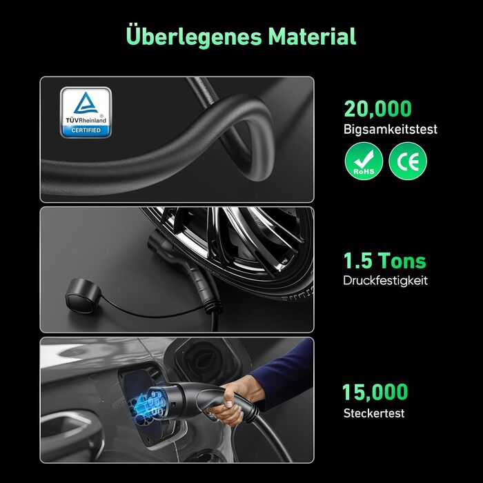 Кабель для електромобіля Evjuicion Typ 2 Schuko, 3.68kW, 6м, 16A, IP67, чорний. Зарядний кабель для ID.3/4, X1, 5ER, Model Y/3 та інших електромобілів