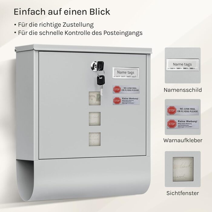 Поштовий ящик WOLTU з газетницею та оглядовим вікном, персоналізований, настінний, з замком та 2 ключами, сірий, 37x37x10.5 см