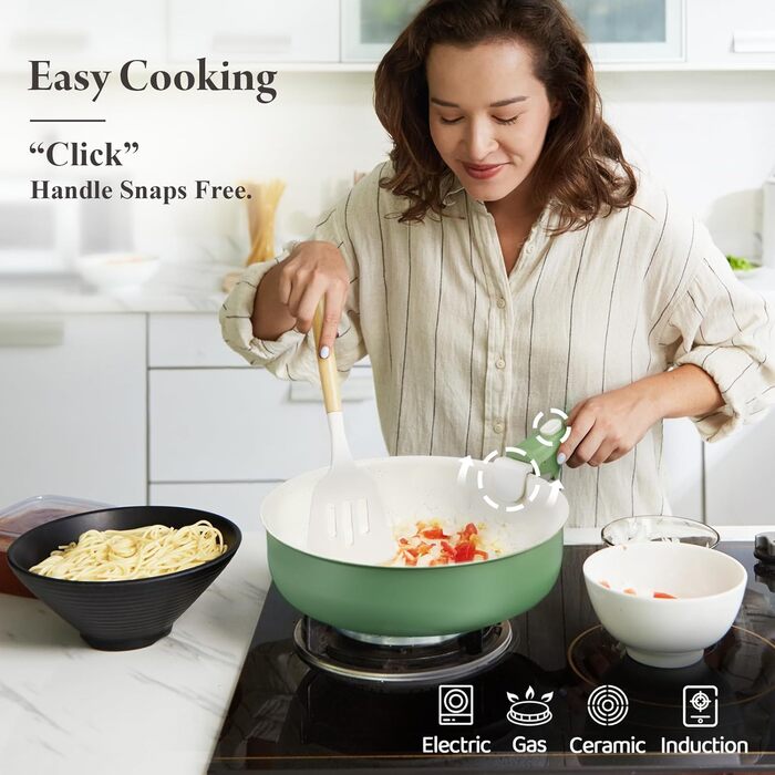 Набір посуду з кераміки 17 предметів: каструлі та сковорідки, безпечний, без ПФОА/ПФУ, для індукційних плит, знімні ручки, стійкий до подряпин та забруднень, придатний для миття в посудомийній машині та використання в духовці (зелений)