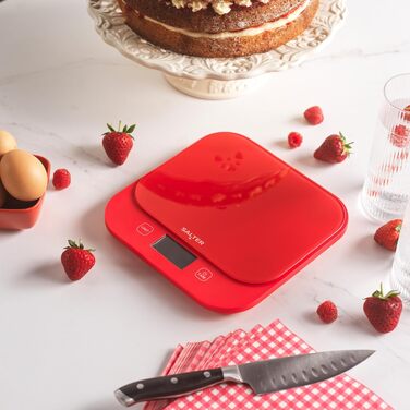 Цифрові кухонні ваги Salter British Bakes до 10 кг, точність 1 г, водонепроникні, з функцією тари та вимірюванням рідин, загартоване скло, червоні