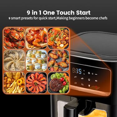 Фритюрниця готує без олії з 2 камерами на 9 літрів | Air Fryer з двома незалежними зонами 2x4,5L, потужність 2600W, 8-в-1, сенсорне управління, функція Smart Finish, чорний колір