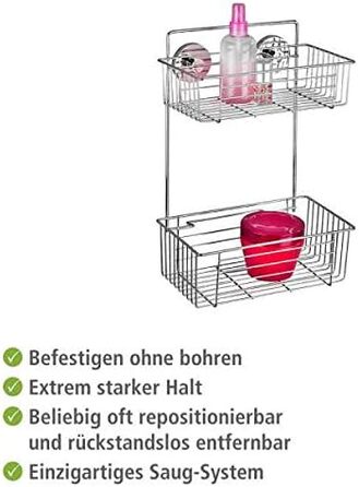 WENKO Vacuum-Loc 2-Tier Shelf, Bari, Wall Shelf for Bathroom and Kitchen, Drilling-Free Mounting with Vacuum, Chrome-Plated Metal, 26 x 38 x 17 cm