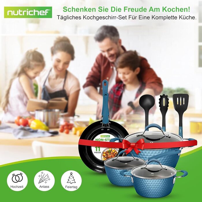 Набір посуду NutriChef 11 предметів: каструлі та сковорідки з антипригарним покриттям, підходить для всіх типів плит, синій