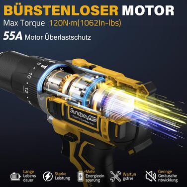 Акумуляторний дриль-шурупокрут SundpeyPRO 21V з ударною функцією, 120 Nm, 2 x 4000mAh, 20+3 ступені крутного моменту, 13 мм патрон, 2 швидкості, LED