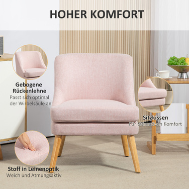 Крісло HOMCOM, крісло-релакс з виглядом льону, з підлокітниками, оббите, на дерев’яних ніжках, для вітальні, спальні, рожеве | Aosom