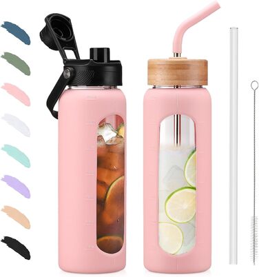 BLUEGO Glass Water Bottle - Sport Water Bottle with 2 Lids and Straw Leak-Proof Glass Bottle with Time Marker and Measuring Scale BPA Free, (Pink, 700ml)