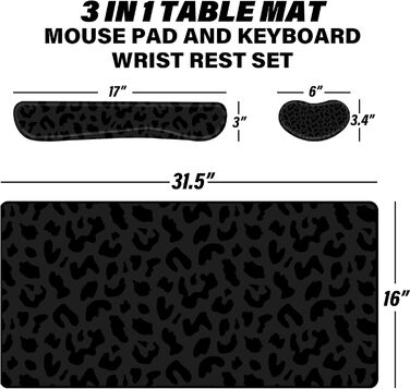 Килимок для миші 3-в-1 з підставкою для зап'ястя та клавіатури, 80x40 см, антиковзаюча основа, чорний леопардовий принт, для геймерів, дому та офісу