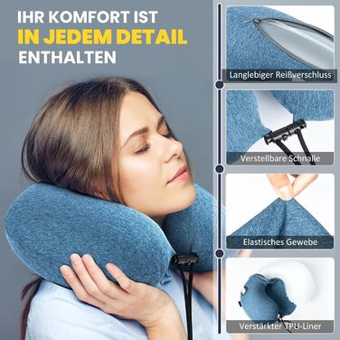 Подушка для шиї HIKENTURE надувна для подорожей літаком/поїздом з чохлом, синього/темно-синього кольору. Надувна подушка для шиї, зручна для дорослих.