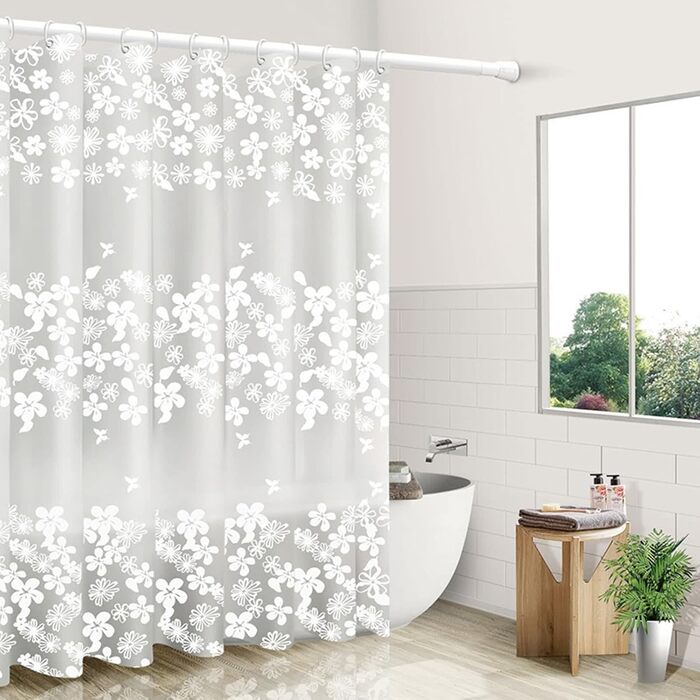 Штора для душу миюча біла, прозора 300x200 см, PEVA, з малюнком квіти-сніжинки, антигрибкова, для ванної кімнати