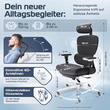 Офісне крісло Proseat Ergonomic [TESTSIEGER] - регульоване, для офісу та дому, комп'ютерне, геймінгове, чорне, до 150 кг
