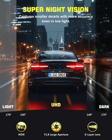 Відеореєстратор AQV Dashcam Auto Vorne und Hinten 4K з WiFi, 64GB SD, G-сенсор, Super Night Vision, 170°+140° Кут огляду, Black-D18