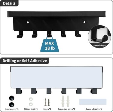 Настінна вішалка для ключів GTK з підносом та 6 гачками, чорна. Організатор для ключів та пошти