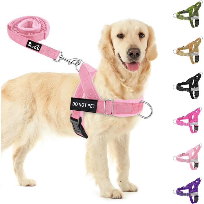 Нашийник для собак середнього та великого розміру з поводком 1,55-1,7 м, м'який та світловідбиваючий, регульований, анти-тяга, для прогулянок (L, Рожевий)