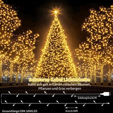 Ланцюжок прикрас для зовнішнього використання, 36 метрів, 1800 LED, тепле біле світло, 8 режимів, таймер, чорний кабель, IP44, для балкона, саду, вечірки, шлюбу