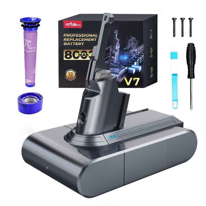 Акумулятор FLYLINKTECH 8.0Ah V8 для пилососів Dyson V8 Absolute/Animal/Fluffy/Motorhead SV10 з 2+1 фільтрами та 4 шурупами