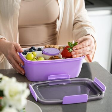 Ланчбокс Bugucat 2000 мл, непромокаючий, з відділеннями, для дітей та дорослих, салатовий контейнер, з виделкою, для школи, пікніка, чорний (2000 мл - фіолетовий)