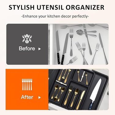 Органайзер для столових приборів ZHUlYIWIN в шухляду, розсувний, з тримачами для ножів, чорний