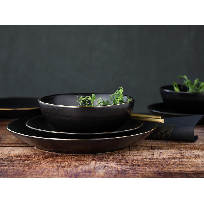 CreaTable Geschirr Set INDUSTRIAL GOLD: 16-teilний сервіз для 4 осіб (чорний), з каменю, для посудомийної машини та мікрохвильової печі