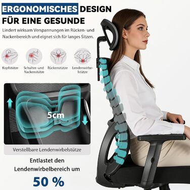 Ергономічне офісне крісло з регульованою спинкою та підголівником, до 150 кг, чорне X-Large