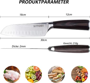 Ніж Santoku Kitory 17 см, кухонний ніж для нарізки, ергономічна ручка, подарункова коробка та захист леза