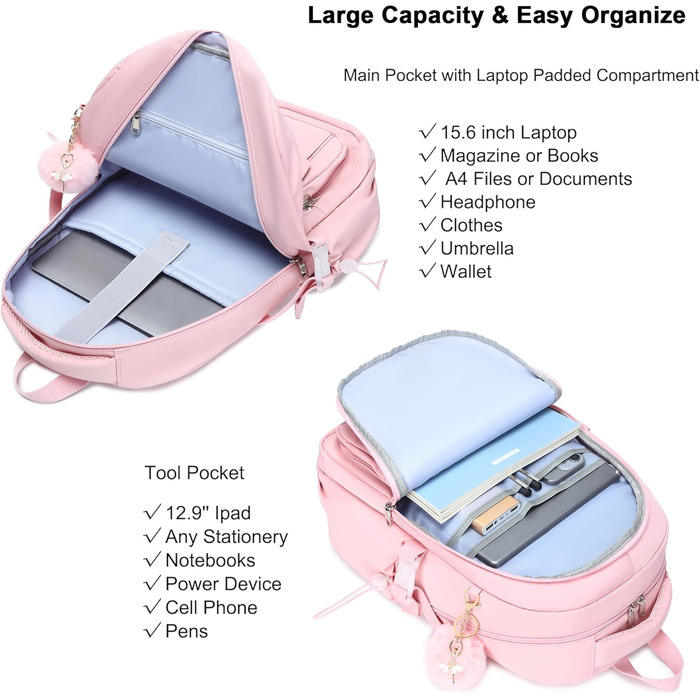 Шкільний рюкзак для підлітків, дівчаток, 3-в-1: рюкзак, ланчбокс, пенал (рожевий). Підходить для ноутбука 15.6