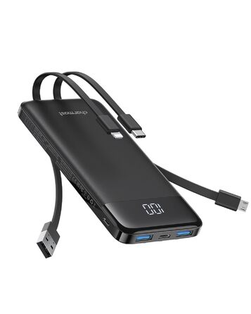 Powerbank Charmast 10000mAh з 4 кабелями, 6 виходами та 3 входами. Сумісний з iPhone, iPad, Samsung. Чорний