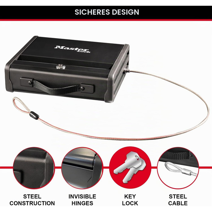 Компактний сейф Master Lock P005CEURBLKHRO з кодовим замком та сталевим тросом, середній розмір (Medium) для цінностей та документів