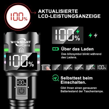 Ліхтар LED акумуляторний тактичний, 500000 люмен, 5 режимів, плавне регулювання яскравості, для кемпінгу та надзвичайних ситуацій, чорний