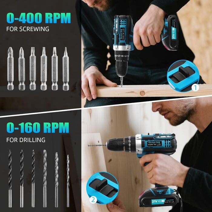 Акумуляторний шуруповерт 21V з акумулятором 2000mAh, 50Nm крутний момент, 25+3 ступені крутного моменту, 2 акумулятори та швидка зарядка, для саду, дому, DIY проектів