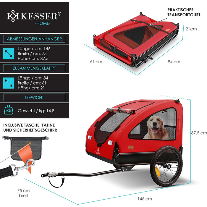 KESSER® Переноска для собак Боксер 2-в-1: візок та велосипедний причіп - велика (250л), з прапорцем та сумкою - 600D Oxford Canvas, складана SmartSpace, до 45кг (червоний/чорний)