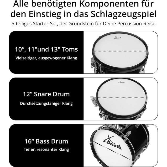 XDrum Junior Pro Kinder барабанний комплект Red - для дітей 5-9 років - з аксесуарами та навчальним посібником (Чорний, Solo)