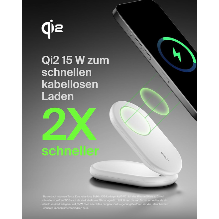 Белкін BoostCharge Магнітний складний бездротовий зарядний пристрій Qi2, 15 Вт, сумісний з MagSafe для iPhone 17, Air, 16, 15, 14, 13, 12, Pixel, з підтримкою Standy-режиму – білий