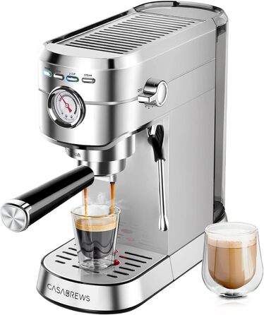 CASABREWS Espresso Machine 20 Bar, Stainless Steel Espresso Machine with Professional Milk Frother, Small Coffee Machine Espresso for Cappuccino, Latte & Macchiato, 1L Water Tank, silver A-silver