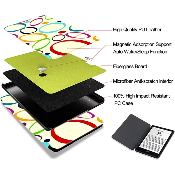 Чохол TOKILO для Kindle 6 (11-те покоління 2024/2022), PU-шкіра, авто-вкл/викл, чорний (6-кольоровий круг)