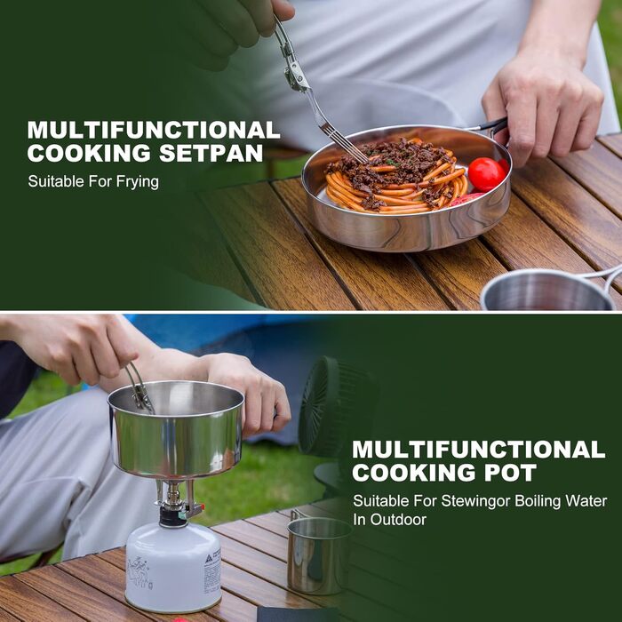 Набір кухонного посуду для кемпінгу Odoland 7 предметів: каструля, сковорода, тарілки, миски, столові прибори з нержавіючої сталі