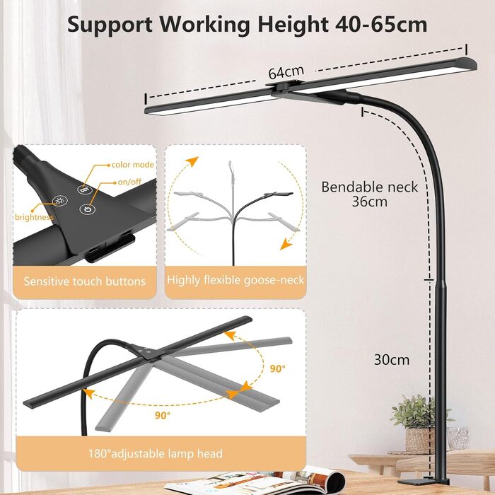 LED Desk Lamp with Adjustable Gooseneck - Dual Head, 1200 Lumens, Eye Protection for Home Office & Study - Black with 5 Color Temperature/Brightness Levels